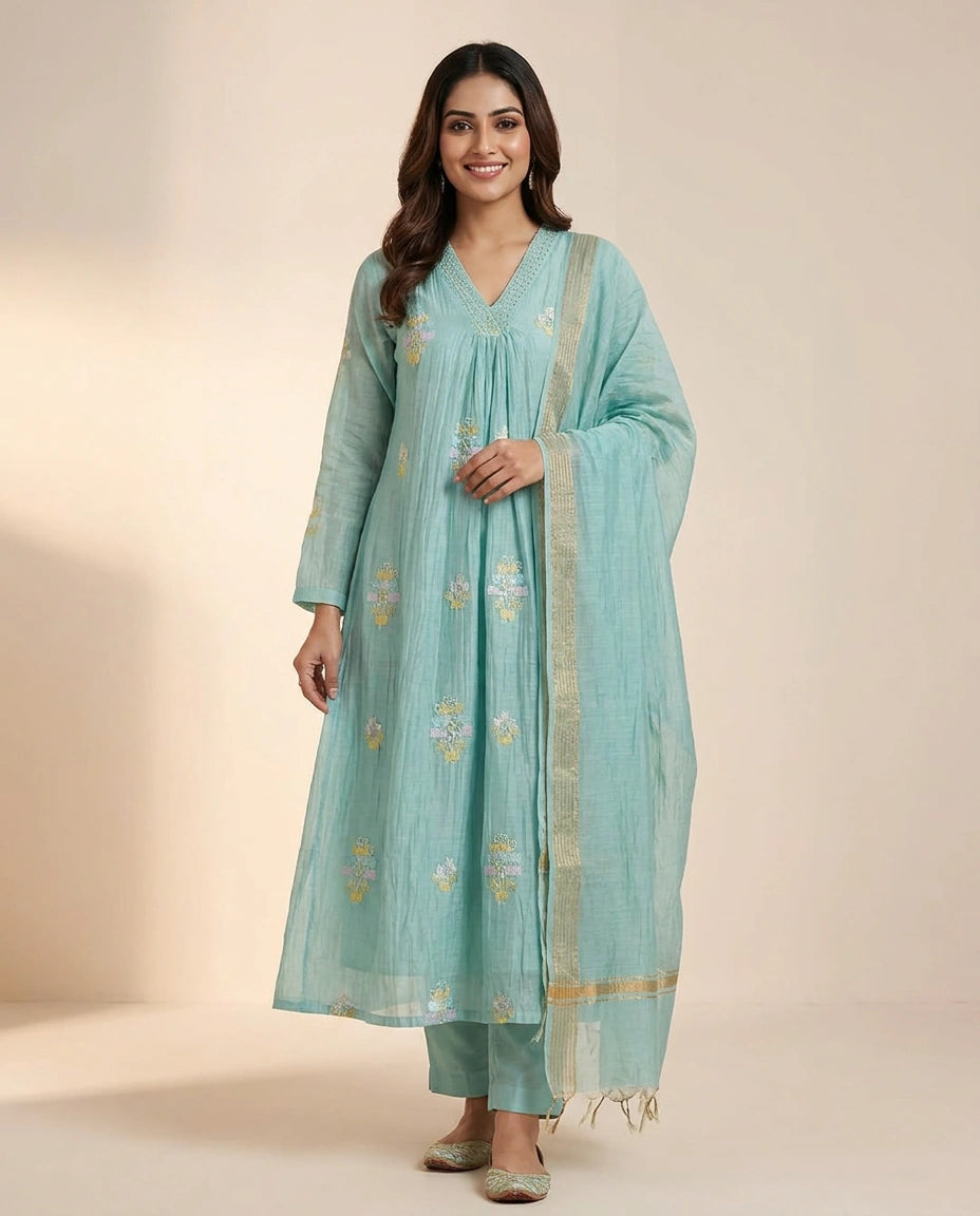 Mul Chanderi Suit A Line - Rangoli India
