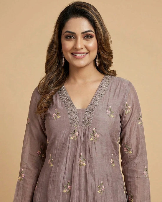 Mauve Mul Chanderi A-Line Suit with Embroidered Yoke - Rangoli India