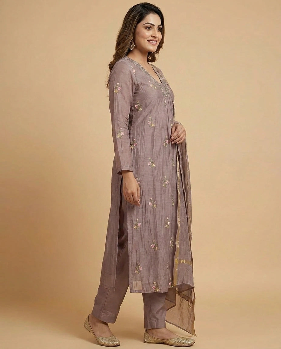 Mauve Mul Chanderi A-Line Suit with Embroidered Yoke - Rangoli India