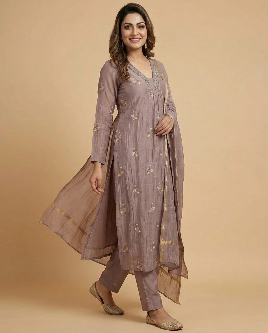 Mauve Mul Chanderi A-Line Suit with Embroidered Yoke - Rangoli India