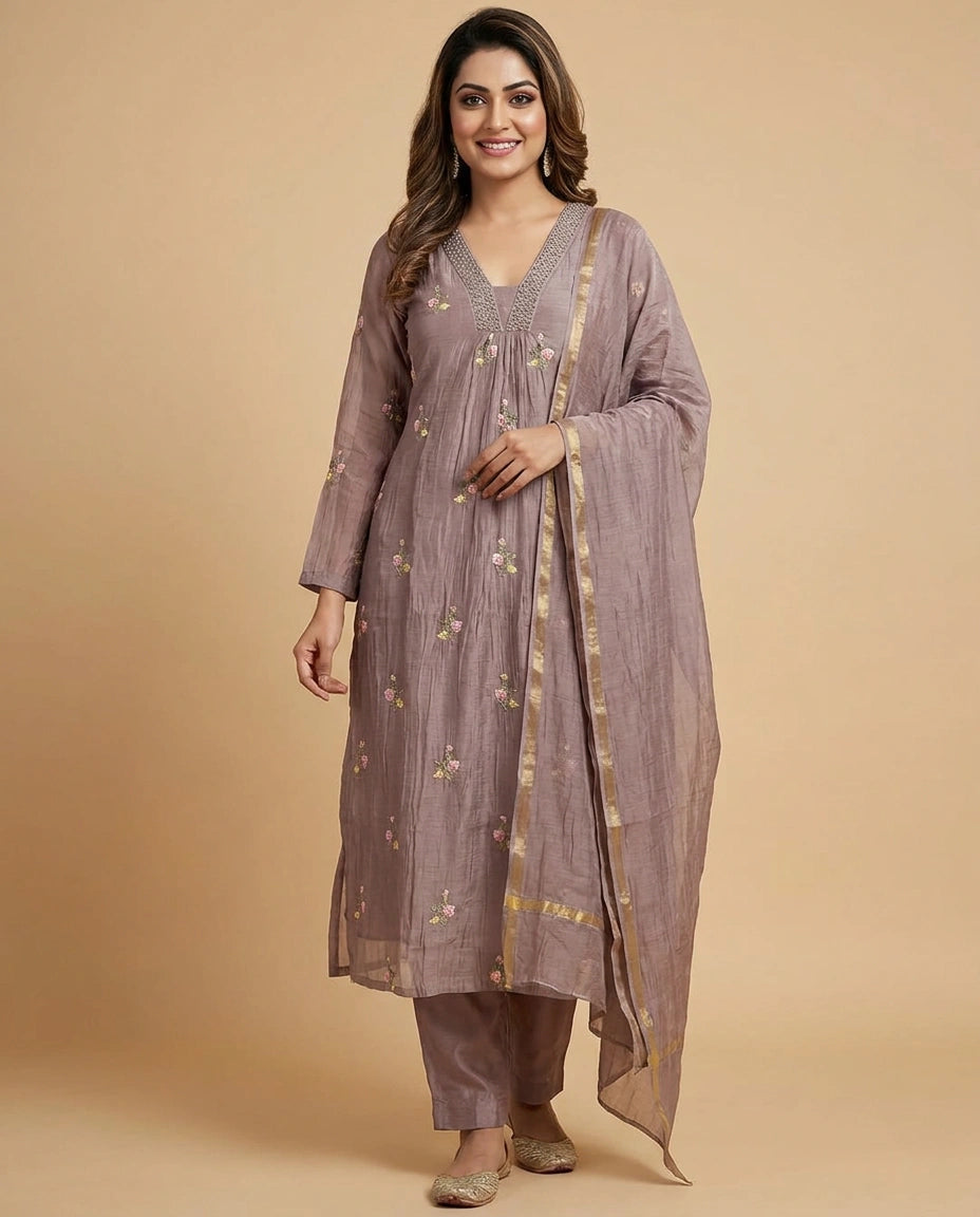 Mauve Mul Chanderi A-Line Suit with Embroidered Yoke - Rangoli India