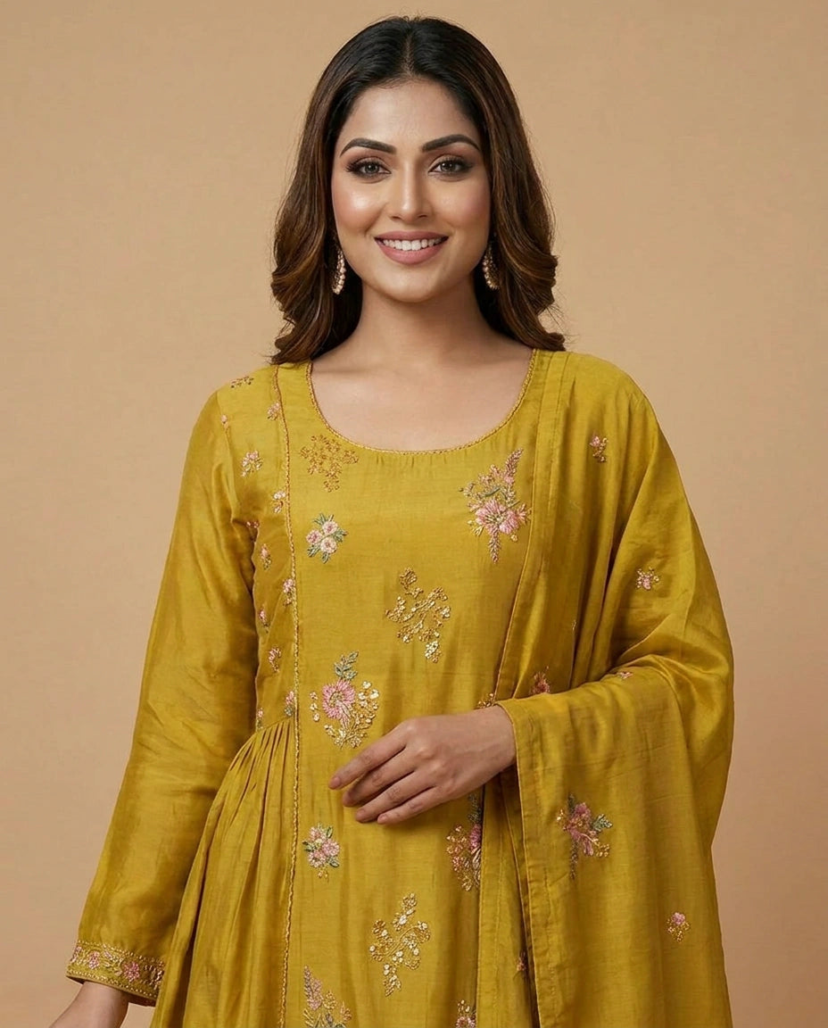 Mustard Cotton Anarkali Suit with Printed Floral Pattern - Rangoli India