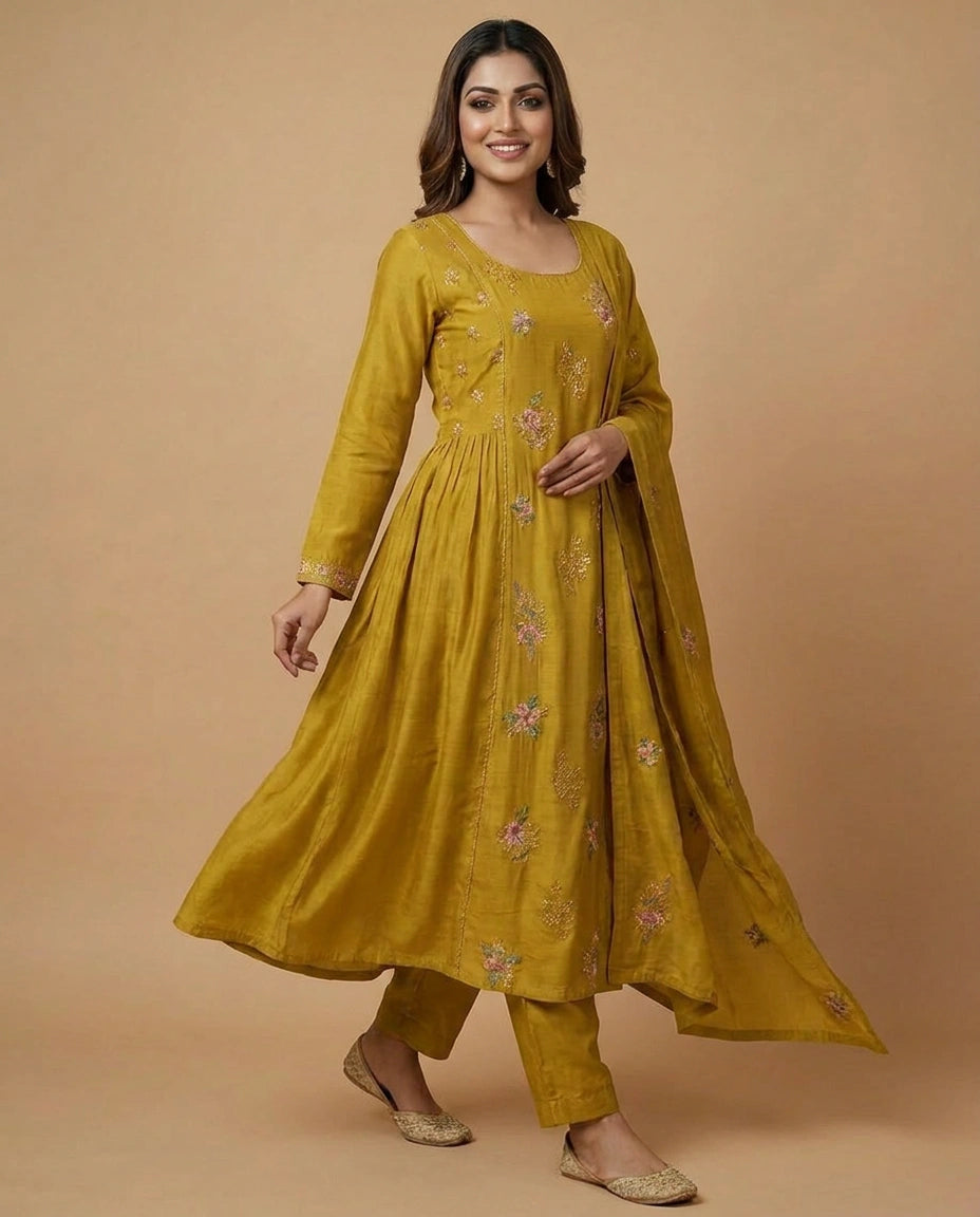 Mustard Cotton Anarkali Suit with Printed Floral Pattern - Rangoli India