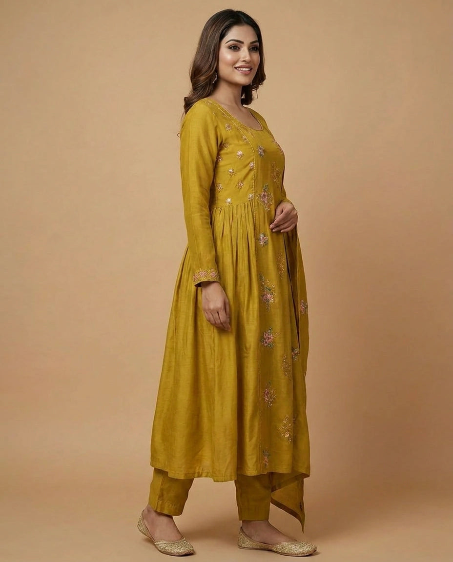 Mustard Cotton Anarkali Suit with Printed Floral Pattern - Rangoli India