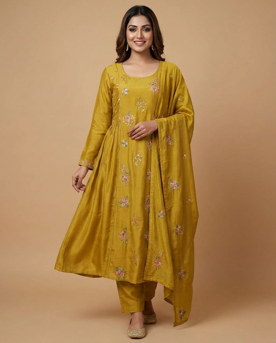 Mustard Cotton Anarkali Suit with Printed Floral Pattern - Rangoli India