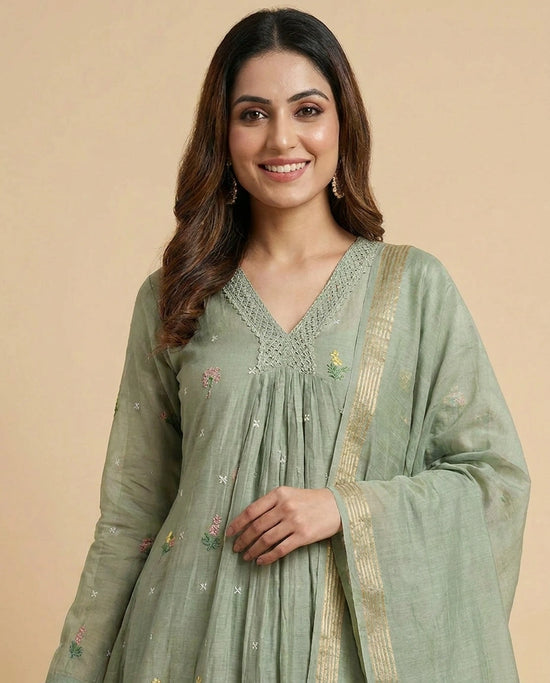 Pista Green Mul Chanderi A-Line Suit with Thread Embroidery - Rangoli India