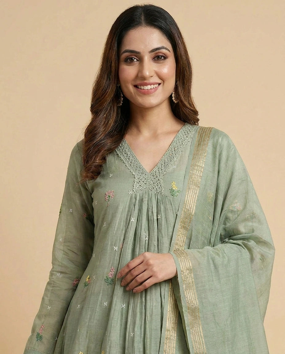 Pista Green Mul Chanderi A-Line Suit with Thread Embroidery - Rangoli India