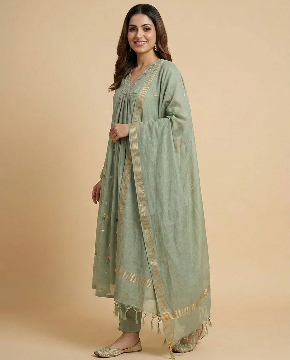 Pista Green Mul Chanderi A-Line Suit with Thread Embroidery - Rangoli India