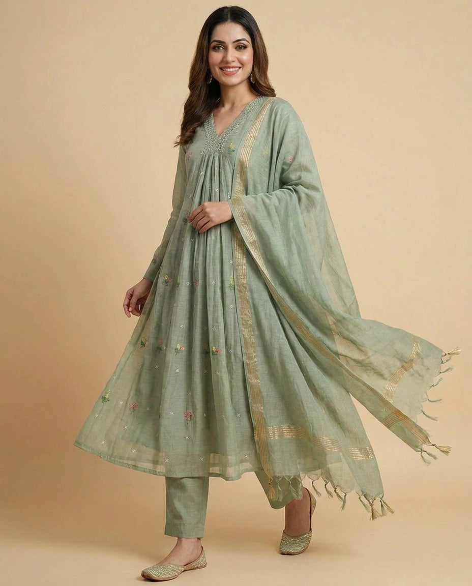 Pista Green Mul Chanderi A-Line Suit with Thread Embroidery - Rangoli India
