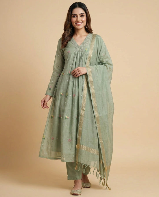 Pista Green Mul Chanderi A-Line Suit with Thread Embroidery - Rangoli India