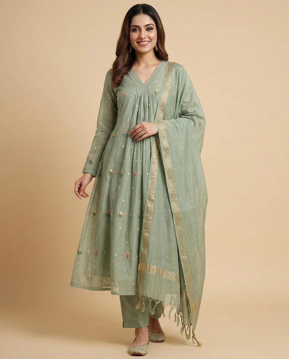 Pista Green Mul Chanderi A-Line Suit with Thread Embroidery - Rangoli India