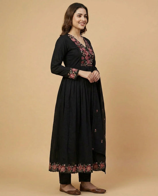 Black Cotton Anarkali Suit for Women - Festive Wear - Rangoli India