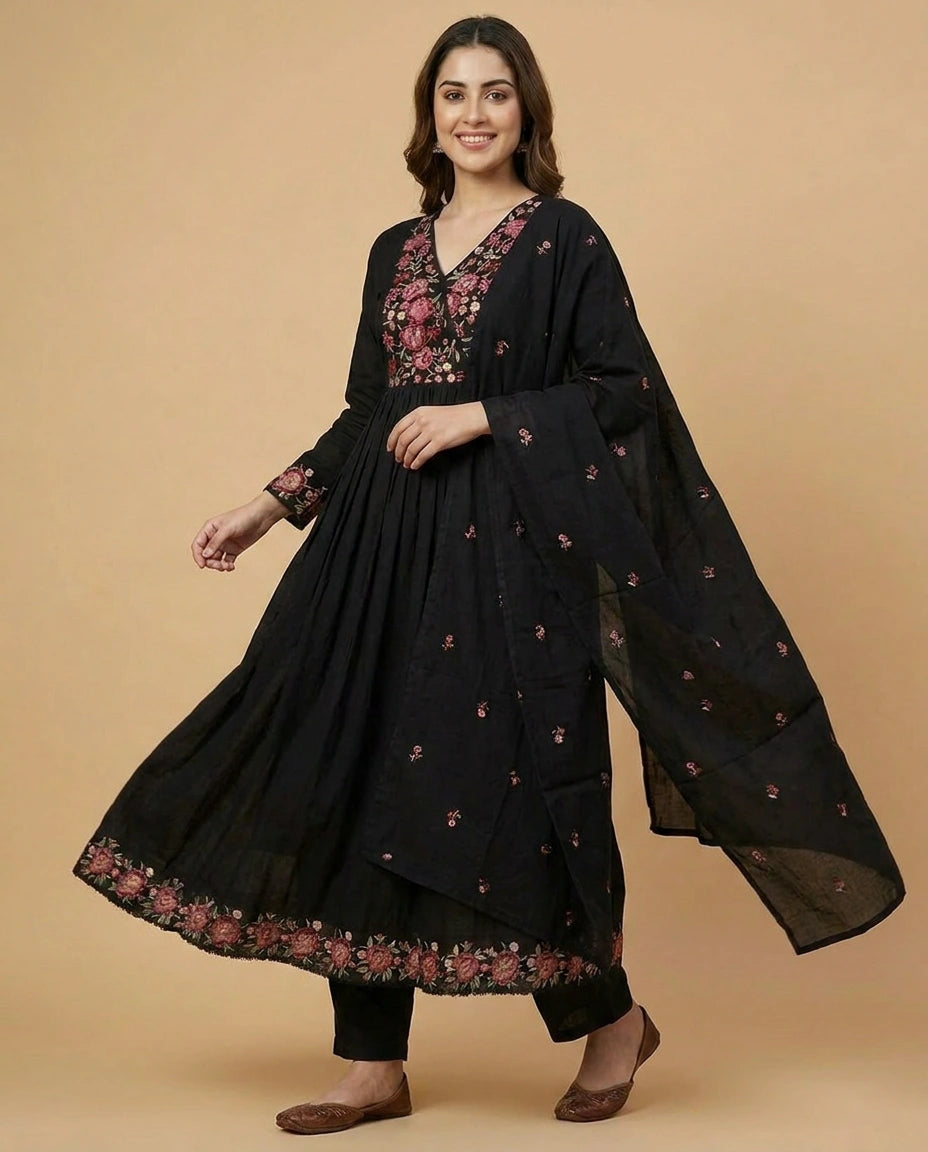 Black Cotton Anarkali Suit for Women - Festive Wear - Rangoli India
