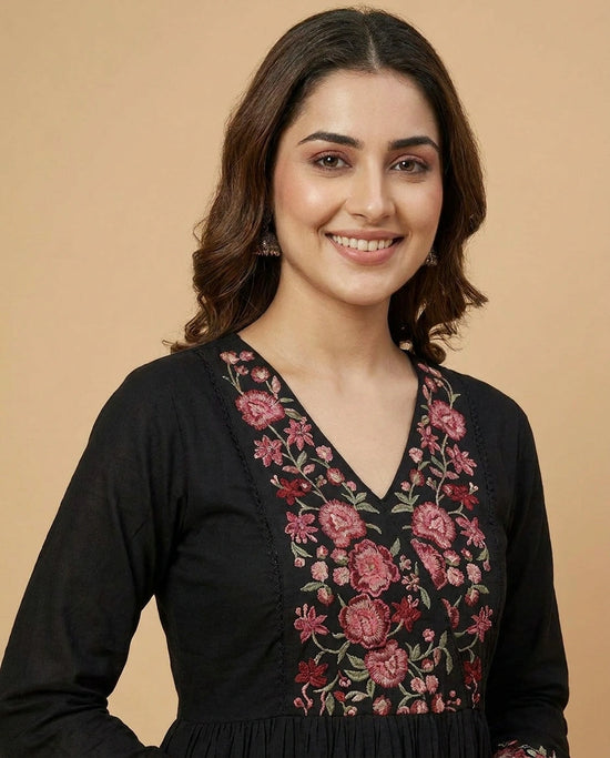 Black Cotton Anarkali Suit for Women - Festive Wear - Rangoli India