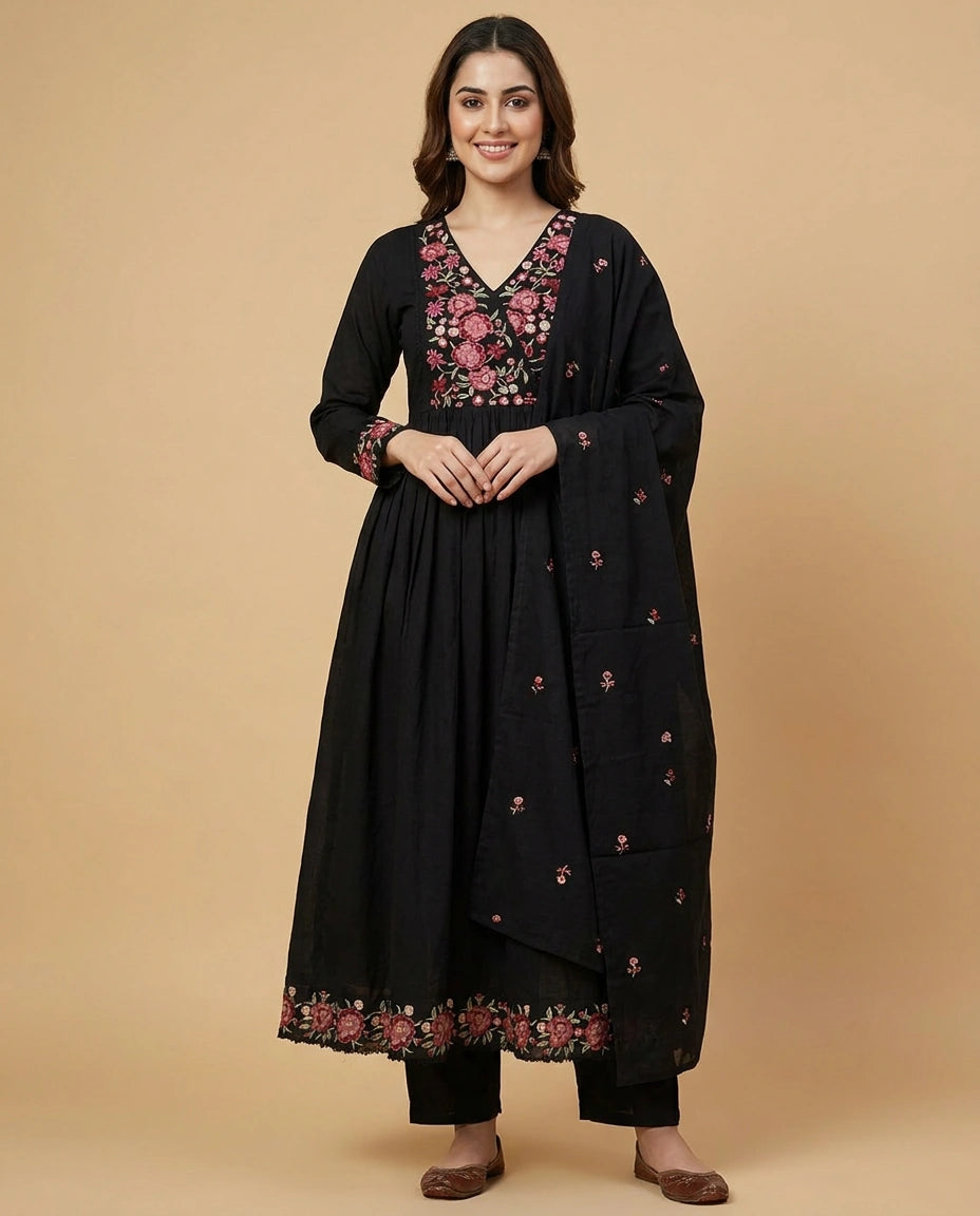 Black Cotton Anarkali Suit for Women - Festive Wear - Rangoli India