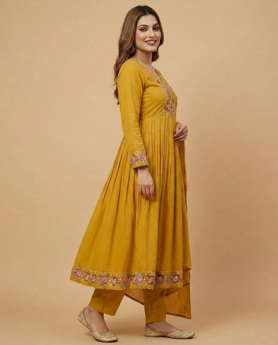Mustard Cotton Anarkali Suit for Women - Festive Wear - Rangoli India
