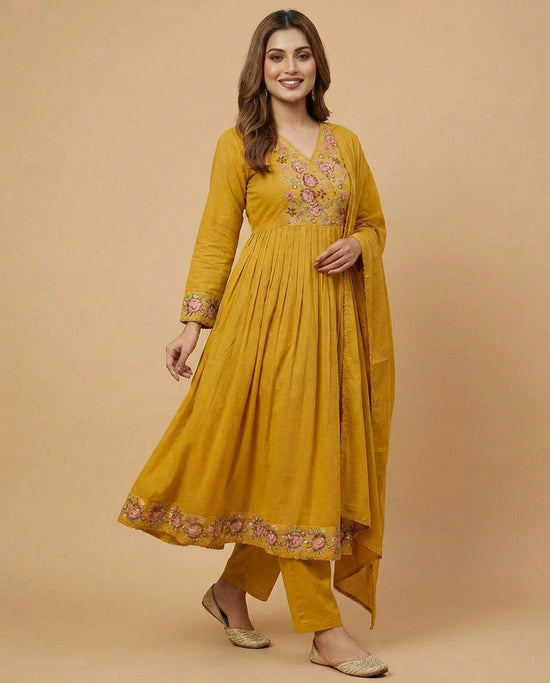Mustard Cotton Anarkali Suit for Women - Festive Wear - Rangoli India