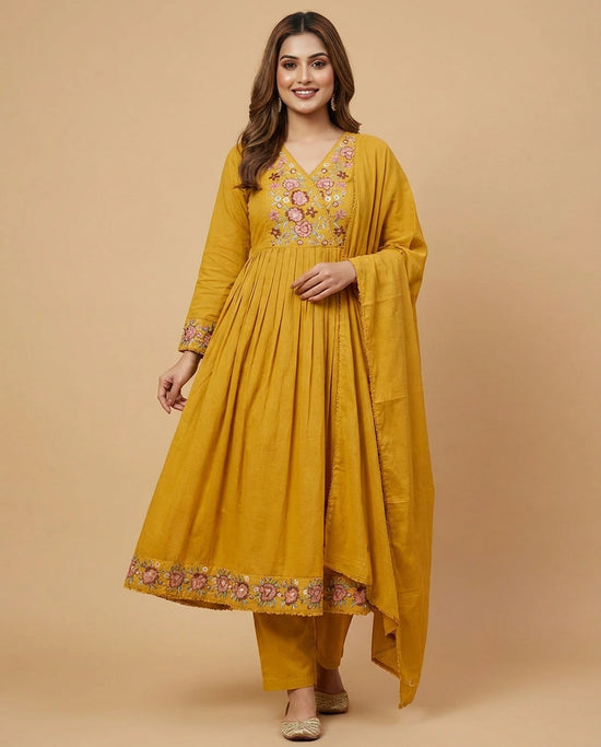 Mustard Cotton Anarkali Suit for Women - Festive Wear - Rangoli India