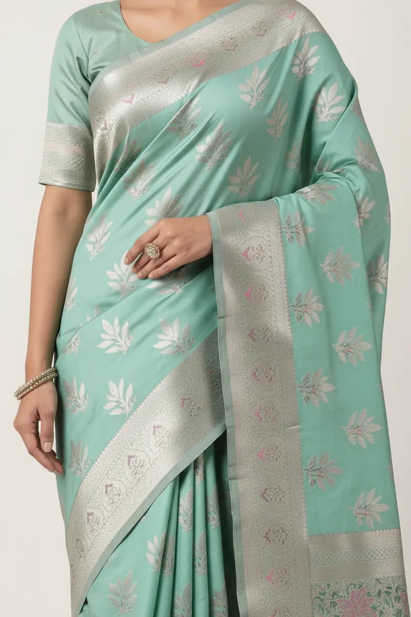 Light blue saree with white floral patterns on a plain background