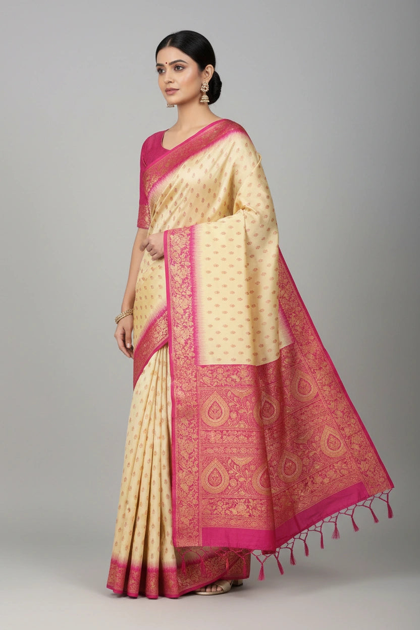 Handcrafted Pure Silk Katan South Indian Woven Silk Saree - Off White/Green | Rangoli