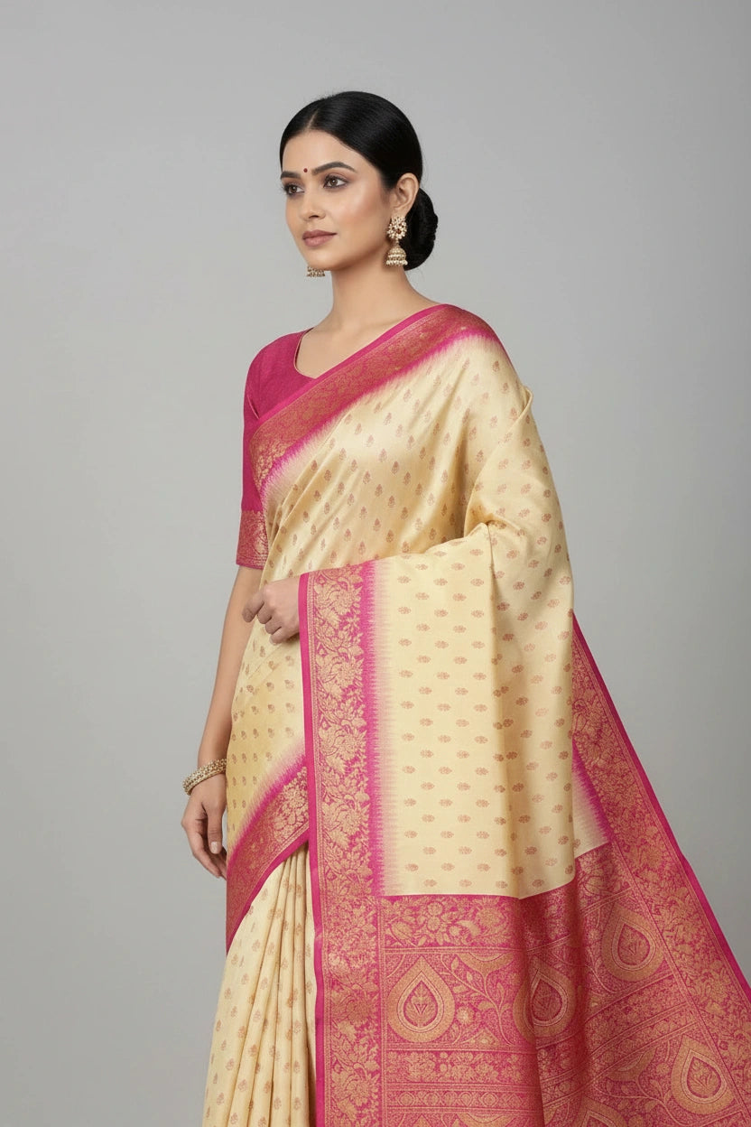 Handcrafted Pure Silk Katan South Indian Woven Silk Saree - Off White/Rani | Rangoli
