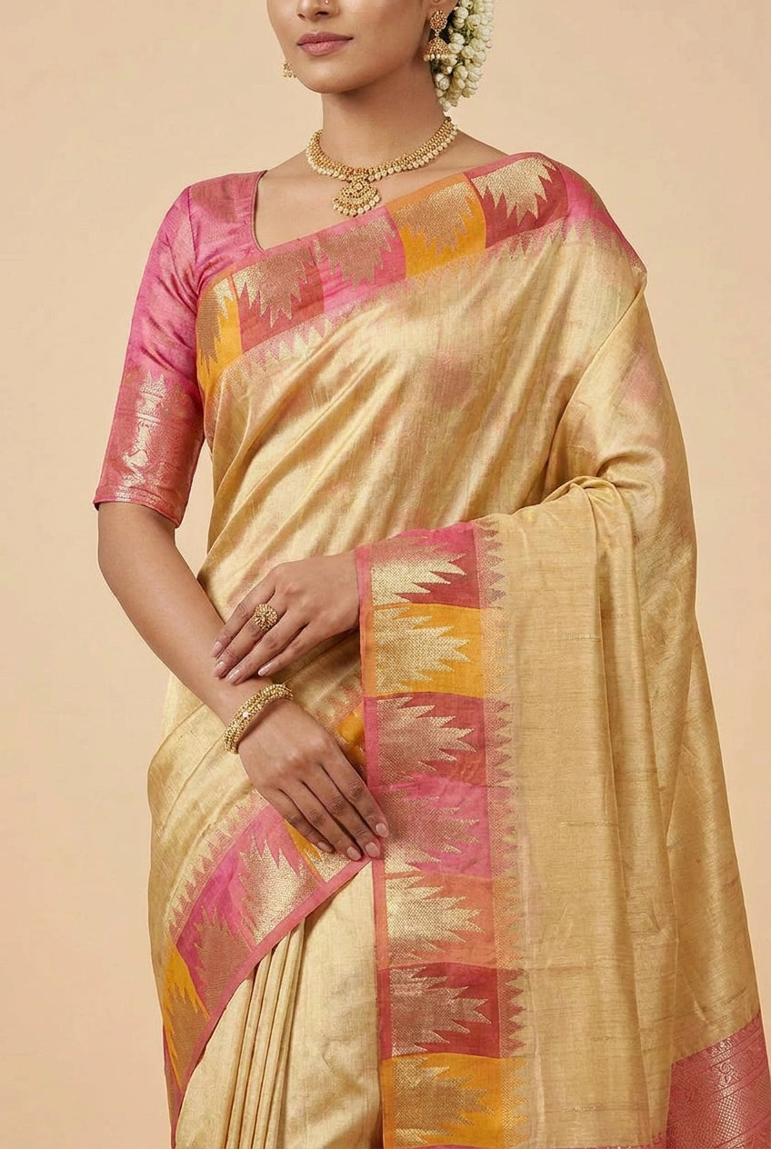 Woman wearing a traditional saree with pink and orange patterns on a beige background