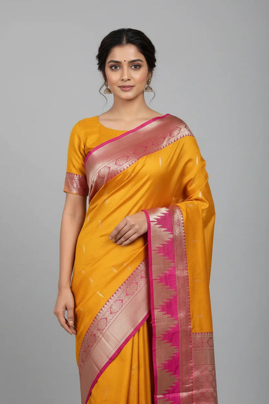Beige Tussar Silk South Indian Saree with Temple Border - Rangoli India