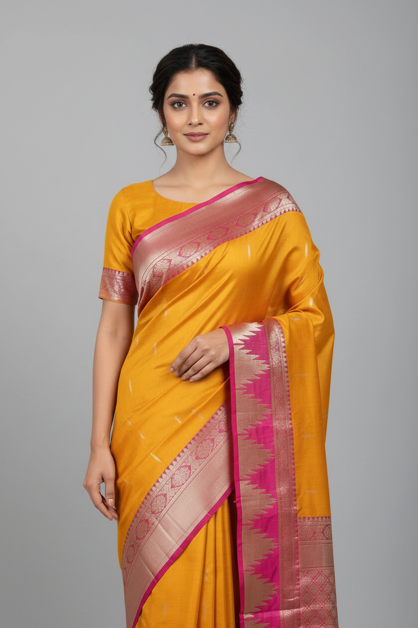 Woman wearing a yellow saree with pink border on a gray background