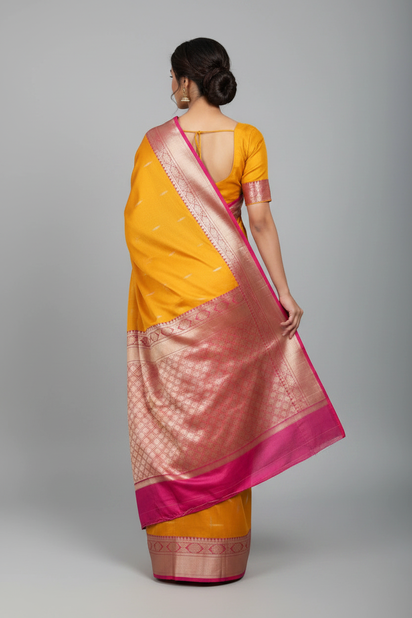 Woman wearing a yellow and pink saree on a gray background
