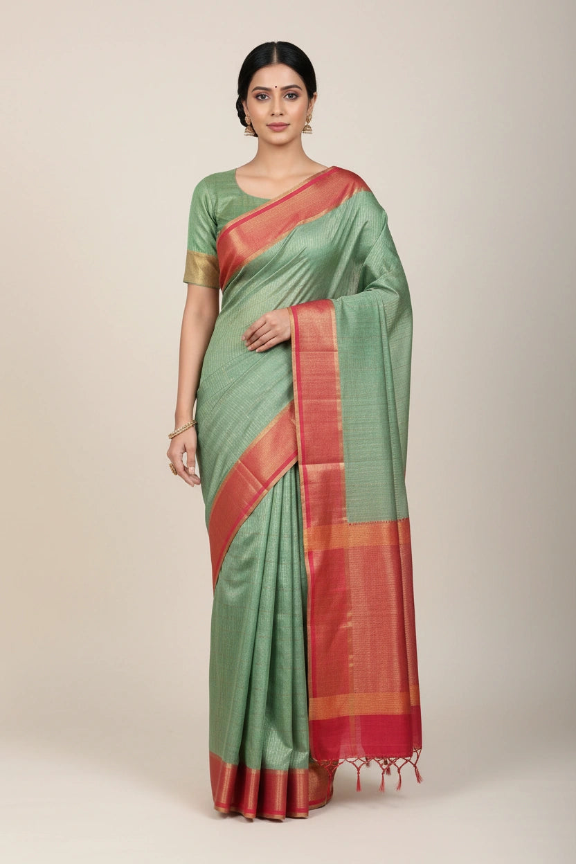 Handcrafted Pure Tussar Silk Chapa Weave Handloom Saree - Sky Blue/Pink | Rangoli