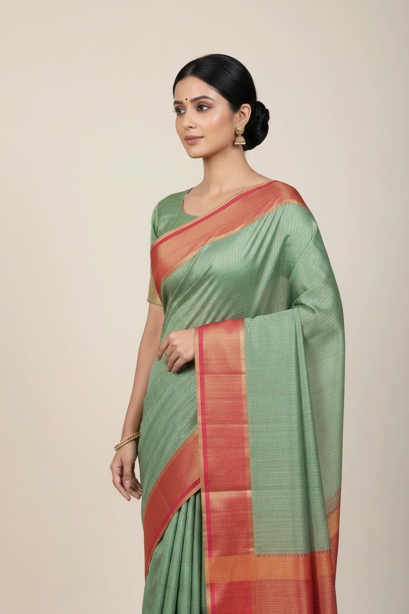 Handcrafted Pure Tussar Silk Chapa Weave Handloom Saree - Peach/Pink | Rangoli