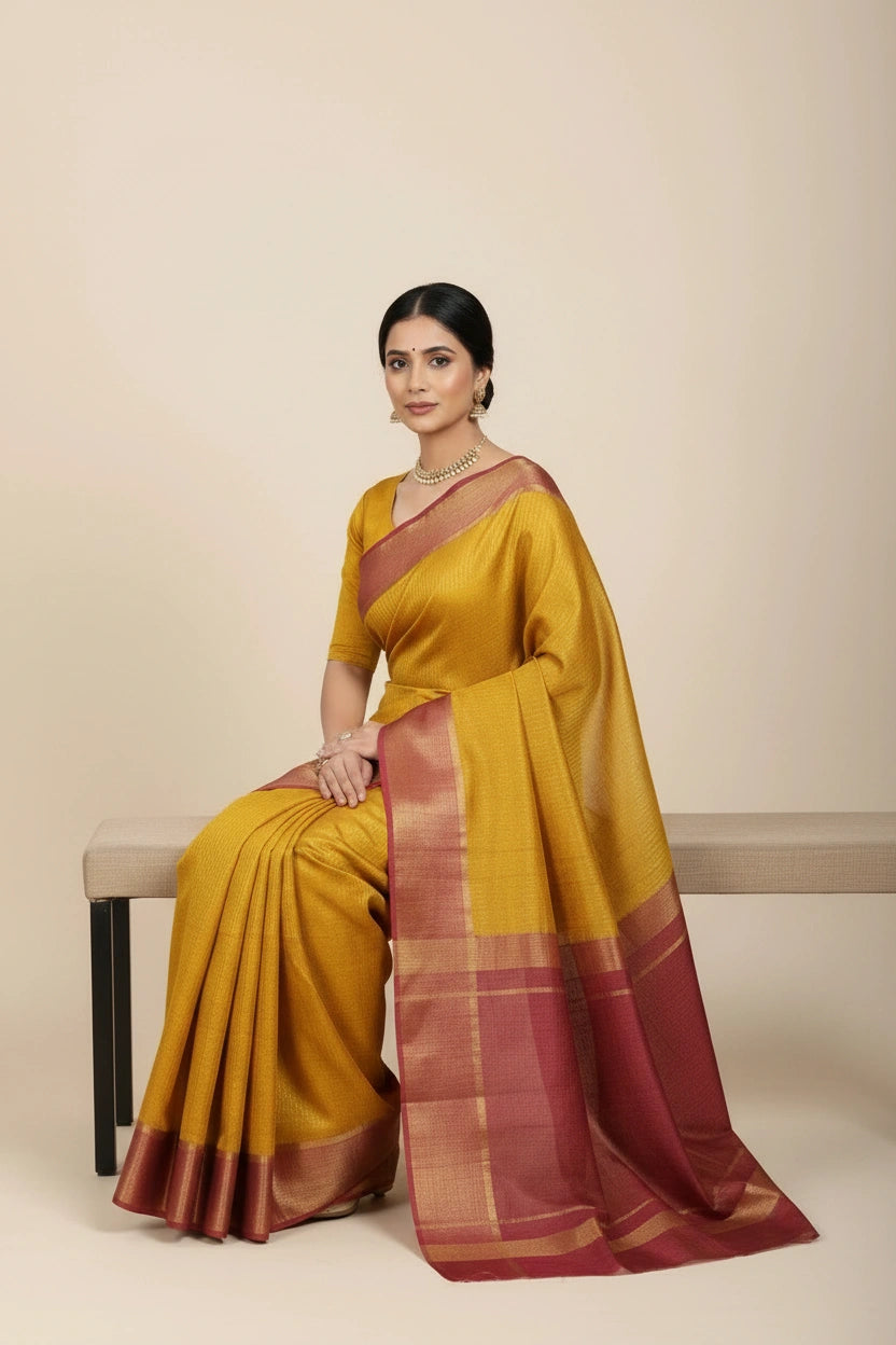 Handcrafted Pure Tussar Silk Chapa Weave Handloom Saree - Pink/Mustard | Rangoli