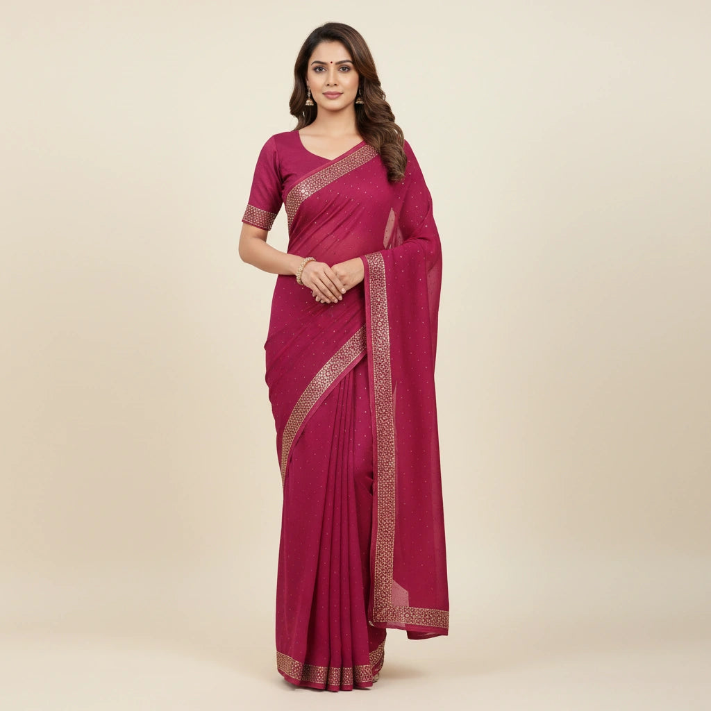 Embroidered Chinon Silk Saree with Traditional Motifs
