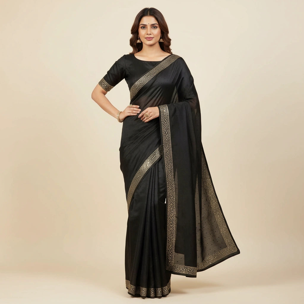 Embroidered Chinon Silk Saree with Traditional Motifs