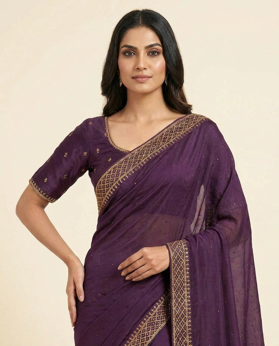 Wrinkle Satin Saree with Fine Thread and Zari Embroidery view 2