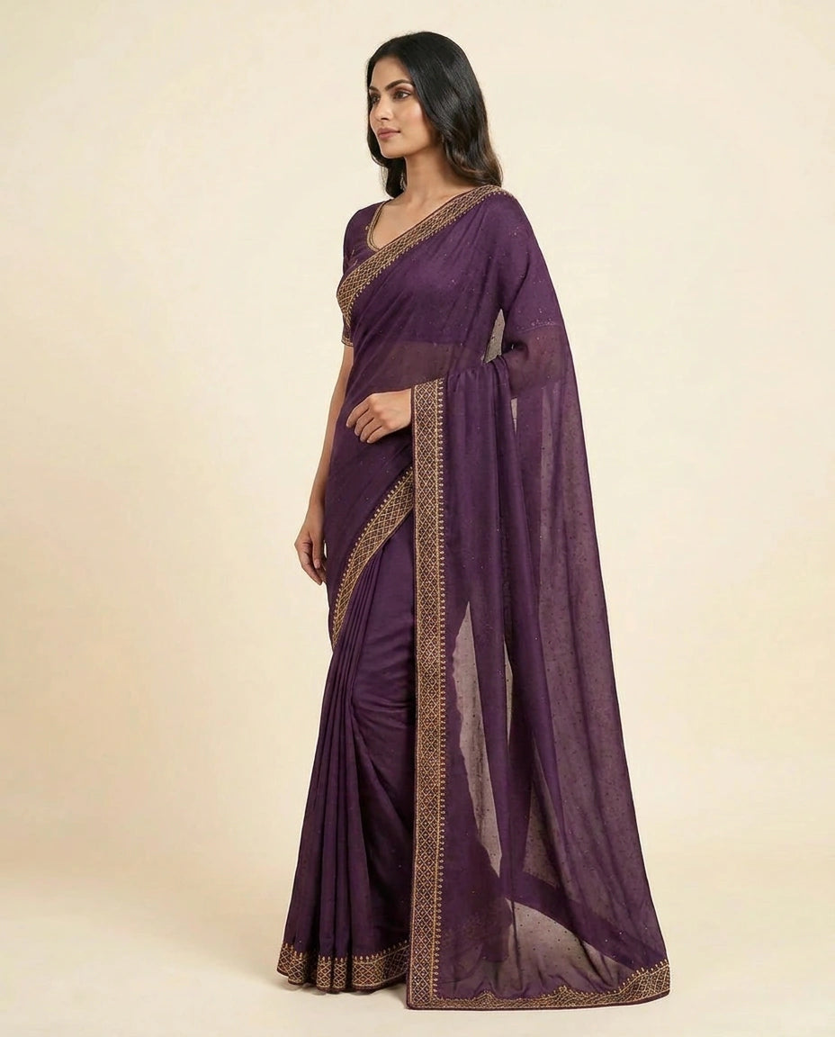 Wrinkle Satin Saree with Fine Thread and Zari Embroidery view 3