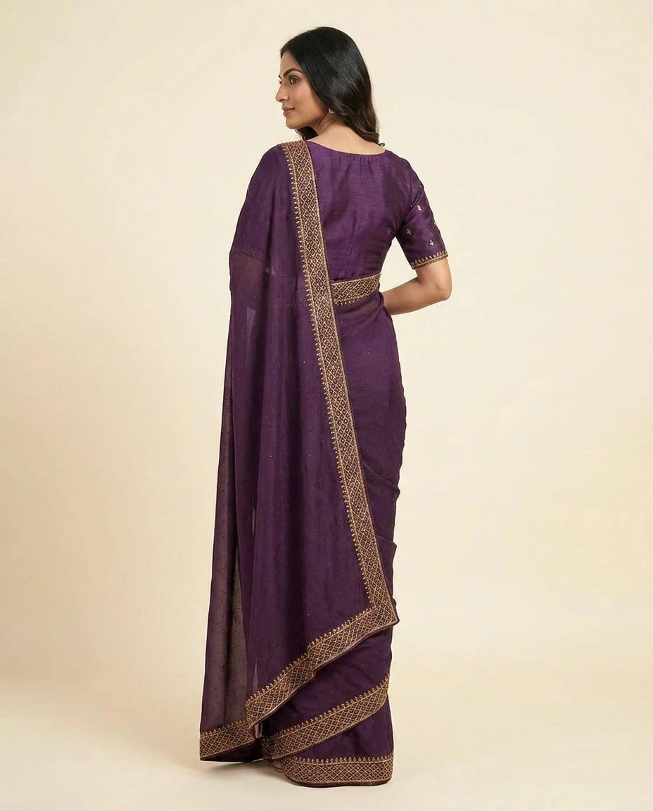 Wrinkle Satin Saree with Fine Thread and Zari Embroidery view 4