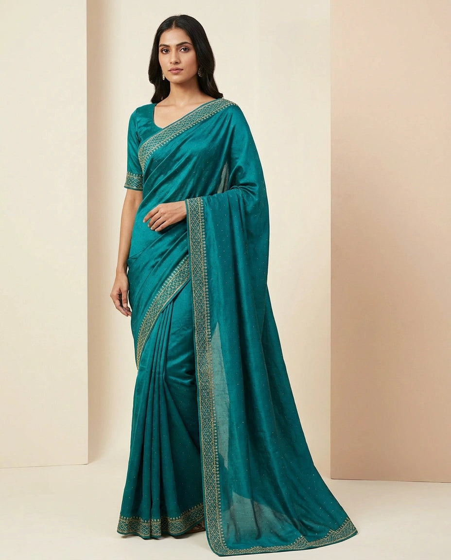 Wrinkle Satin Saree with Fine Thread and Zari Embroidery view 5