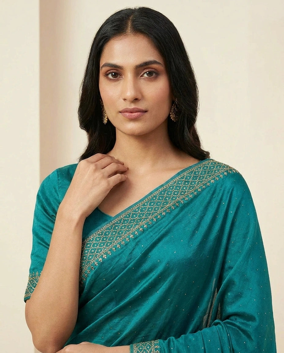 Wrinkle Satin Saree with Fine Thread and Zari Embroidery view 6
