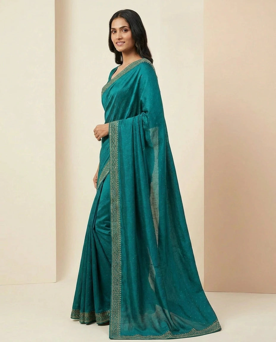 Wrinkle Satin Saree with Fine Thread and Zari Embroidery view 7