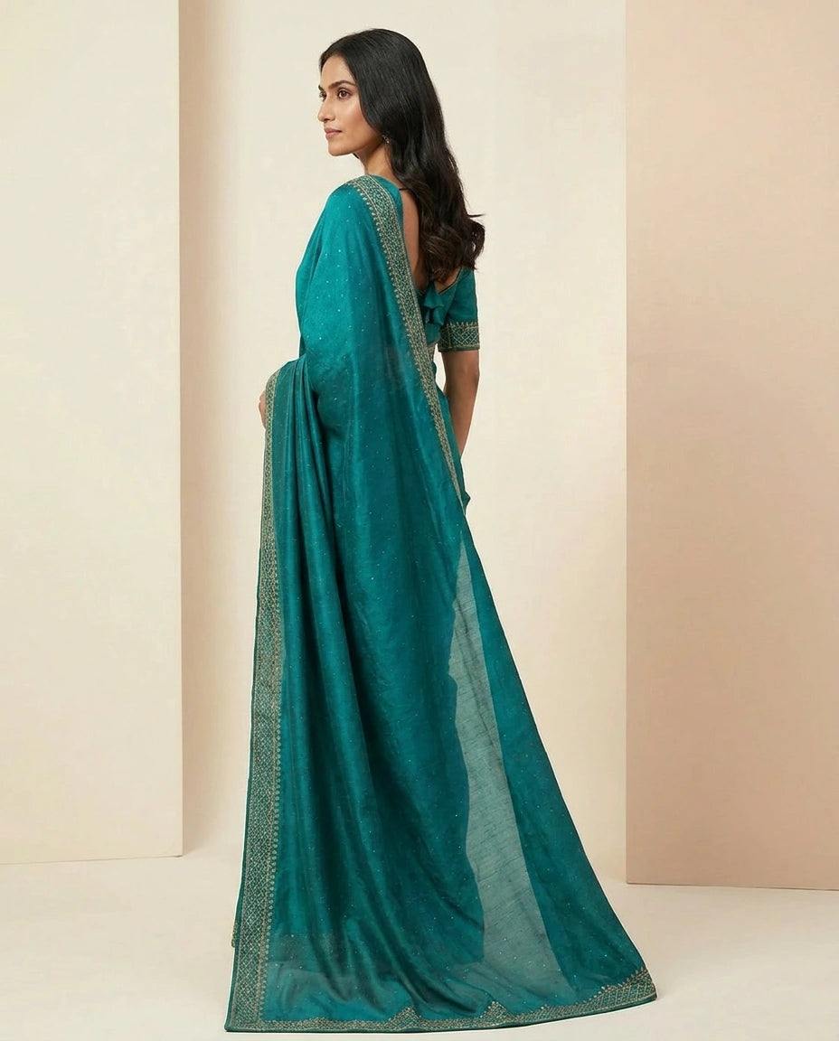Wrinkle Satin Saree with Fine Thread and Zari Embroidery view 8