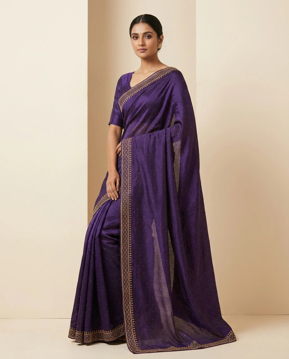 Wrinkle Satin Saree with Fine Thread and Zari Embroidery view 9