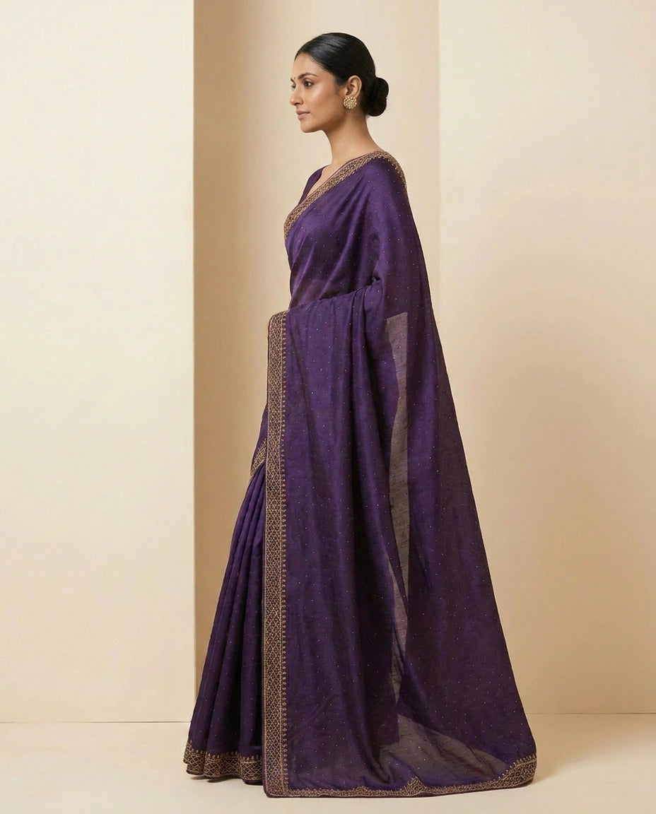 Wrinkle Satin Saree with Fine Thread and Zari Embroidery view 11
