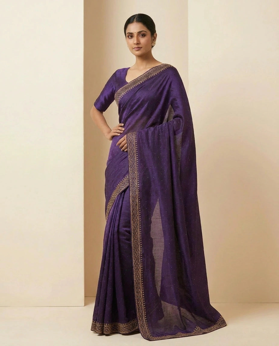 Wrinkle Satin Saree with Fine Thread and Zari Embroidery view 12