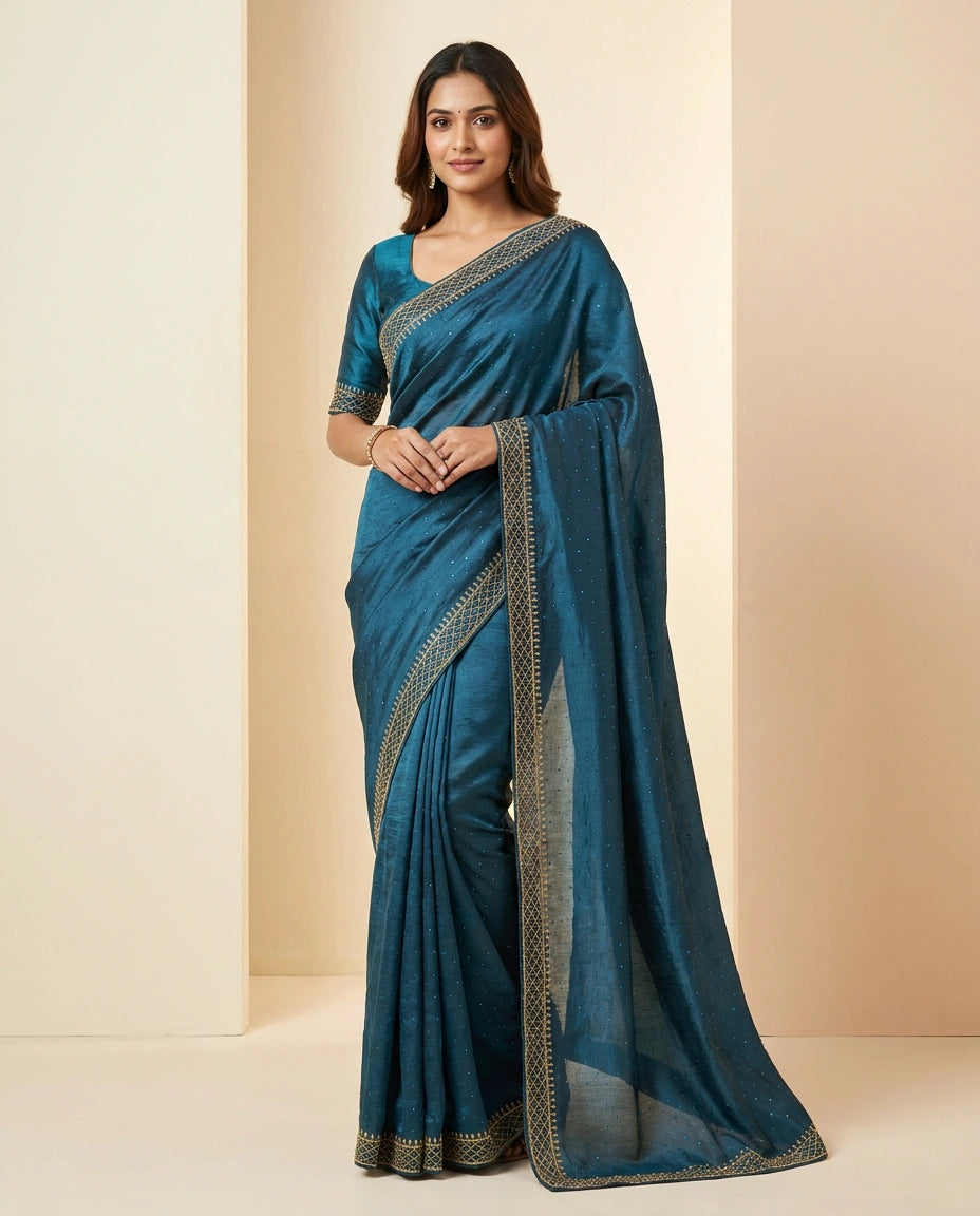 Wrinkle Satin Saree with Fine Thread and Zari Embroidery view 13