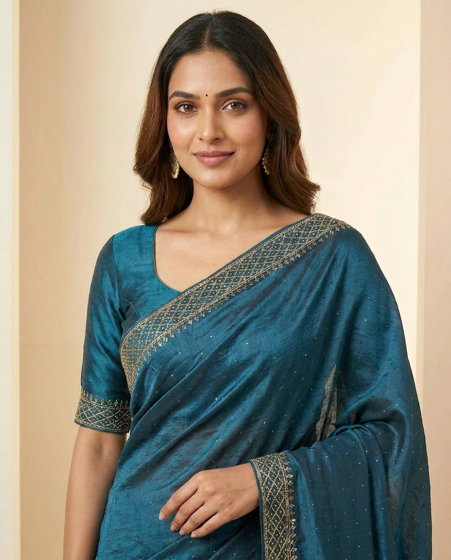 Wrinkle Satin Saree with Fine Thread and Zari Embroidery view 14