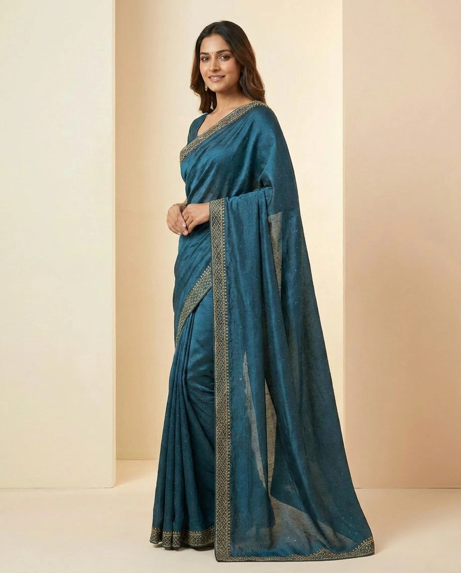 Wrinkle Satin Saree with Fine Thread and Zari Embroidery view 15