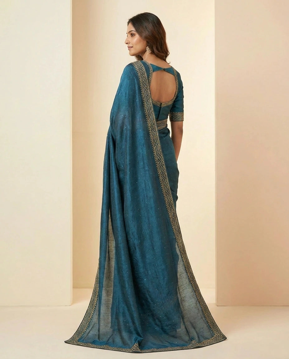 Wrinkle Satin Saree with Fine Thread and Zari Embroidery view 16