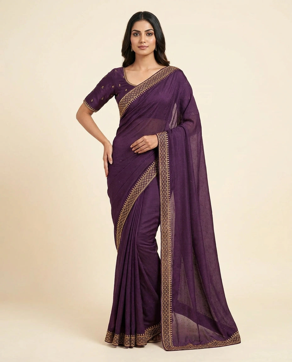 Peacock Blue Wrinkle Satin Saree with Fine Thread and Zari Embroidery