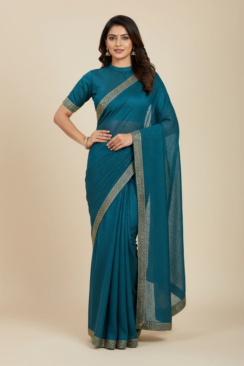 Embroidered Chinon Silk Saree with Traditional Motifs - chinon; silk Indian ethnic wear by Rangoli